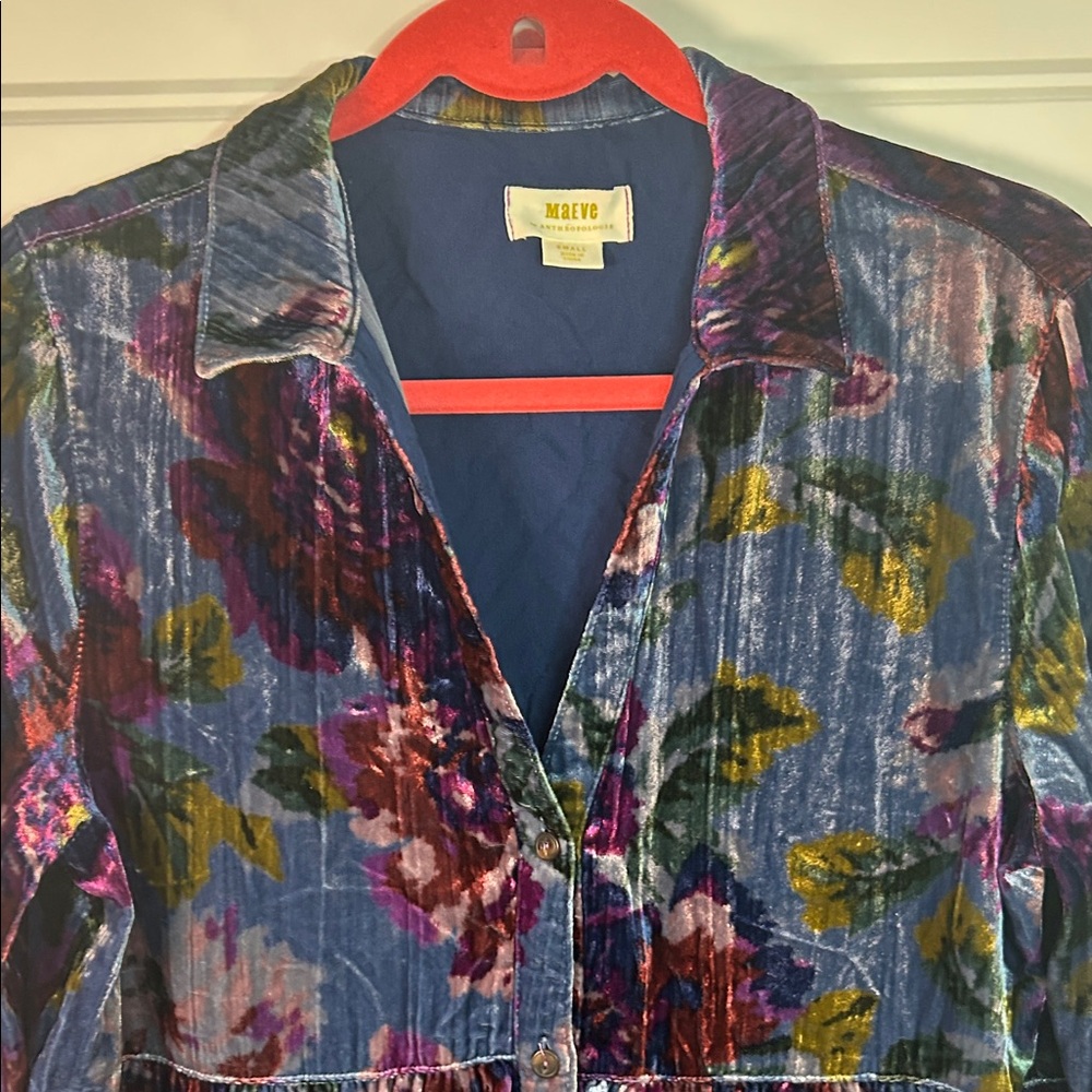 Maeve BOHO Velvet Floral Tiered Tunic in Blue, Purple and Olive - Picture 3 of 10